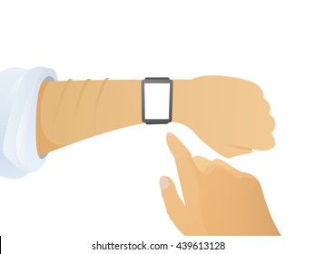 isolated smart watch with white screen on male hand. first person flat vector. cartoon smart watch design. smartwatch isolated illustration. modern gadget smart watch with hands on white background.