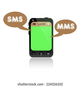Isolated smartphone with green screen and two messages coming out from its screen. Short Message Service and Multimedia Messaging Service concept