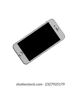 Isolated smartphone in halftone style. Vector illustration with hand with blank display. Paper cut out element for decoration of banners and posters. Dotted realistic illustration.