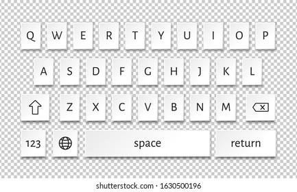 Isolated Smartphone keyboard ui buttons in modern flat style. English interface. Qwerty template on transparent background with shadow. Vector Illustration