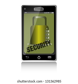 Isolated smartphone with a padlock on its screen and the word security written with black letters