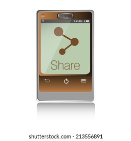 Isolated smartphone with sharing symbol and the word share written on the screen