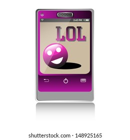 Isolated smartphone with a smiling face and the text lol written on its screen. Laughing out loud concept