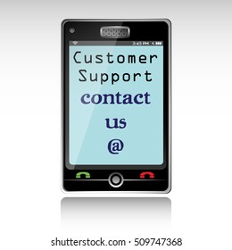 Isolated smartphone with the text customer support, contact us, written on its screen