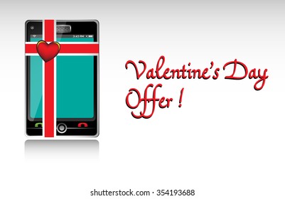 Isolated smartphone wrapped with red ribbons and red heart and the text Valentine's Day offer written near the smartphone with red handwritten letters