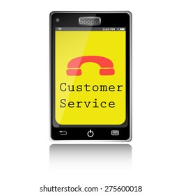 Isolated smartphone with a yellow screen and the text customer service written on the screen