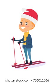 Isolated smiling boy skiing on white background. Vector illustration of happy child doing winter kind of sports with help of ski and poles in mountain resort. Outdoor spending time on fresh air