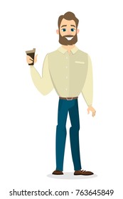 Isolated smiling businessman standing with coffee on white background.
