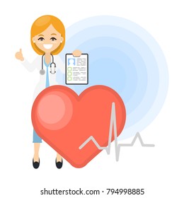 Isolated smiling cardiologist doctor with heart and stethoscope.