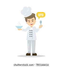 Isolated smiling chef with plate, spoon and text.