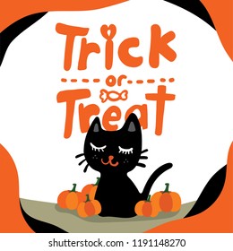 Isolated smiling cute black cat and little orange pumpkins and hand written font “Trick-or-Treat “ in a layered frame for Halloween season.