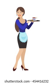 Isolated smiling girl-waitress with tray  in a flat style