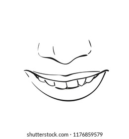 Isolated smiling lips and nose, Hand drawn illustration, Vector sketch