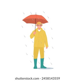 Hombre sonriente aislado personaje de dibujos animados con traje de lluvia sosteniendo el paraguas de pie bajo el aguacero