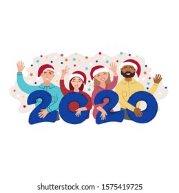 Isolated smiling people with balloons in the form of numbers 2020 on white bacground. Vector illustration on the theme of New Year celebration