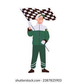 Isolated smiling pit stop worker cartoon character in green team uniform holding checkered flag