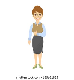 Isolated smiling teacher with thumbs up on white background.