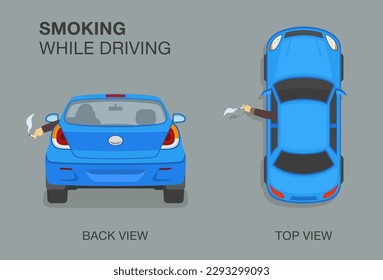 Isolated smoking driver. Hand with cigarette hanging out the car window. Back and top view. Flat vector illustration template.