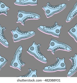 Isolated sneakers, shoes and gumshoes, footwear seamless pattern. Sport, run, walk go. Graphic design plane flat line stylish elements. Contour. Travel, journey, trip. Grey background. Blue pink