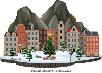 Isolated snow building town scene illustration