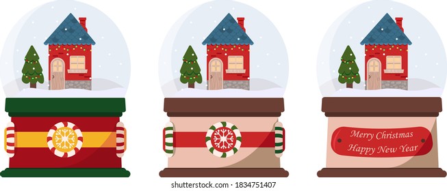 Volúmenes aislados de nieve con bases diferentes, globos de nieve navideños, bola de nieve con vidrio