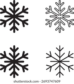 Conjunto de iconos de copo de nieve aislado, decoración de invierno, símbolo de nieve de cristal, golpe fino mínimo, contorno negro sólido, diseño festivo de vacaciones, Arte vectorial editable de copo de nieve de temporada fría
