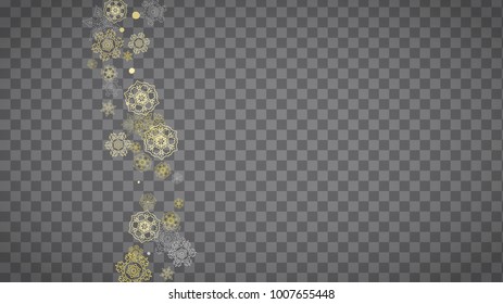 Isolated snowflakes on horizontal transparent grey background. Gold glitter snow. Winter sales, Christmas and New Year design for party invitation, banner, sale. Magic crystal isolated snowflakes.