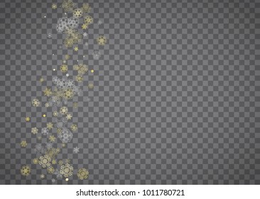 Isolated snowflakes on horizontal transparent grey background. Gold glitter snow. Winter sales, Christmas and New Year design for party invitation, banner, sale. Magic crystal isolated snowflakes.