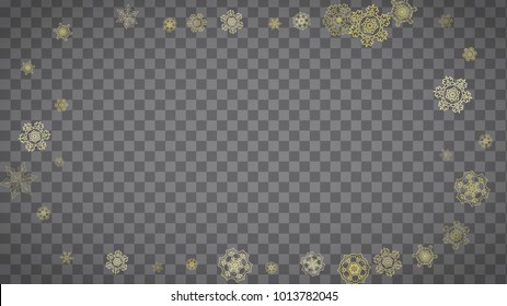 Isolated snowflakes on horizontal transparent grey background. Gold glitter snow. Winter sales, Christmas and New Year design for party invitation, banner, sale. Magic crystal isolated snowflakes.