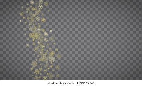 Isolated snowflakes on horizontal transparent grey background. Gold glitter snow. Winter sales, Christmas and New Year design for party invitation, banner, sale. Magic crystal isolated snowflakes.