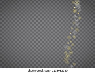 Isolated snowflakes on horizontal transparent grey background. Gold glitter snow. Winter sales, Christmas and New Year design for party invitation, banner, sale. Magic crystal isolated snowflakes.