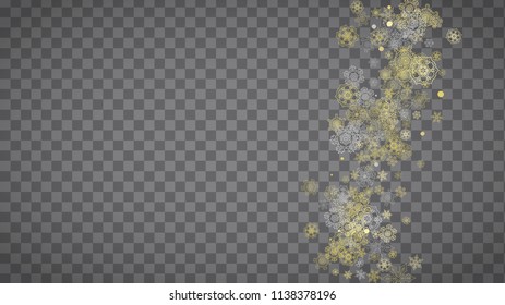Isolated snowflakes on horizontal transparent grey background. Gold glitter snow. Winter sales, Christmas and New Year design for party invitation, banner, sale. Magic crystal isolated snowflakes.