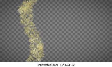 Isolated snowflakes on horizontal transparent grey background. Gold glitter snow. Winter sales, Christmas and New Year design for party invitation, banner, sale. Magic crystal isolated snowflakes.