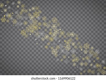 Isolated snowflakes on horizontal transparent grey background. Gold glitter snow. Winter sales, Christmas and New Year design for party invitation, banner, sale. Magic crystal isolated snowflakes.