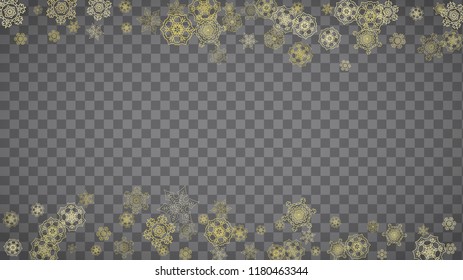 Isolated snowflakes on horizontal transparent grey background. Gold glitter snow. Winter sales, Christmas and New Year design for party invitation, banner, sale. Magic crystal isolated snowflakes.