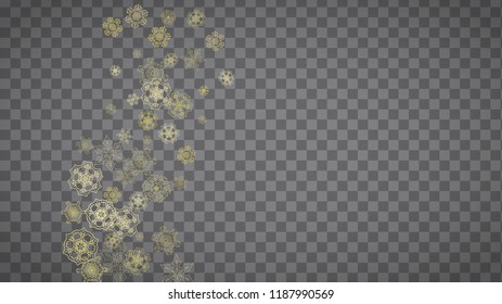 Isolated snowflakes on horizontal transparent grey background. Gold glitter snow. Winter sales, Christmas and New Year design for party invitation, banner, sale. Magic crystal isolated snowflakes.