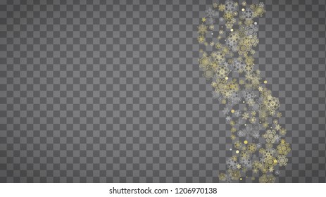Isolated snowflakes on horizontal transparent grey background. Gold glitter snow. Winter sales, Christmas and New Year design for party invitation, banner, sale. Magic crystal isolated snowflakes.