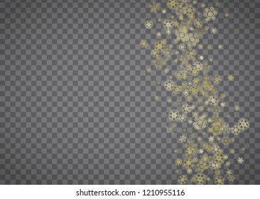Isolated snowflakes on horizontal transparent grey background. Gold glitter snow. Winter sales, Christmas and New Year design for party invitation, banner, sale. Magic crystal isolated snowflakes.