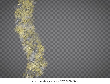 Isolated snowflakes on horizontal transparent grey background. Gold glitter snow. Winter sales, Christmas and New Year design for party invitation, banner, sale. Magic crystal isolated snowflakes.