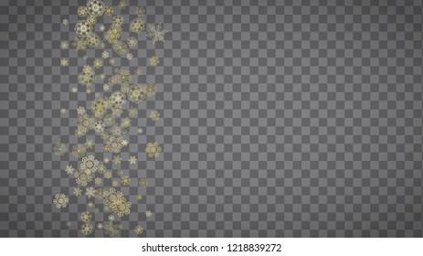 Isolated snowflakes on horizontal transparent grey background. Gold glitter snow. Winter sales, Christmas and New Year design for party invitation, banner, sale. Magic crystal isolated snowflakes.