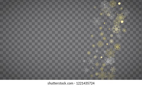 Isolated snowflakes on horizontal transparent grey background. Gold glitter snow. Winter sales, Christmas and New Year design for party invitation, banner, sale. Magic crystal isolated snowflakes.