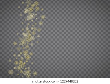 Isolated snowflakes on horizontal transparent grey background. Gold glitter snow. Winter sales, Christmas and New Year design for party invitation, banner, sale. Magic crystal isolated snowflakes.
