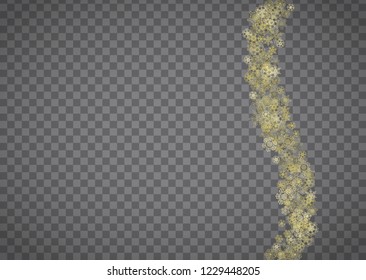 Isolated snowflakes on horizontal transparent grey background. Gold glitter snow. Winter sales, Christmas and New Year design for party invitation, banner, sale. Magic crystal isolated snowflakes.
