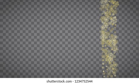Isolated snowflakes on horizontal transparent grey background. Gold glitter snow. Winter sales, Christmas and New Year design for party invitation, banner, sale. Magic crystal isolated snowflakes.