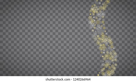 Isolated snowflakes on horizontal transparent grey background. Gold glitter snow. Winter sales, Christmas and New Year design for party invitation, banner, sale. Magic crystal isolated snowflakes.