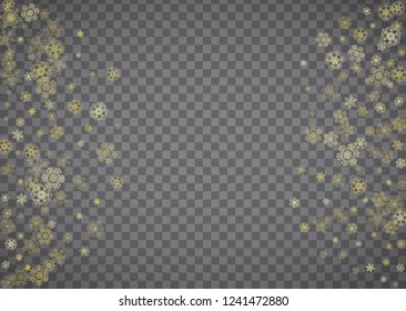 Isolated snowflakes on horizontal transparent grey background. Gold glitter snow. Winter sales, Christmas and New Year design for party invitation, banner, sale. Magic crystal isolated snowflakes.