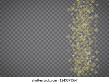 Isolated snowflakes on horizontal transparent grey background. Gold glitter snow. Winter sales, Christmas and New Year design for party invitation, banner, sale. Magic crystal isolated snowflakes.