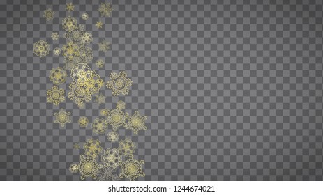 Isolated snowflakes on horizontal transparent grey background. Gold glitter snow. Winter sales, Christmas and New Year design for party invitation, banner, sale. Magic crystal isolated snowflakes.