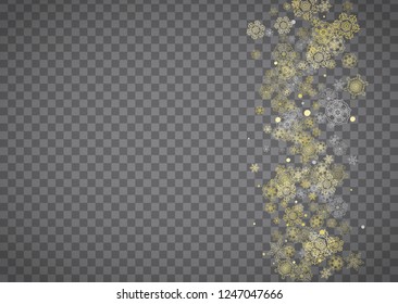 Isolated snowflakes on horizontal transparent grey background. Gold glitter snow. Winter sales, Christmas and New Year design for party invitation, banner, sale. Magic crystal isolated snowflakes.