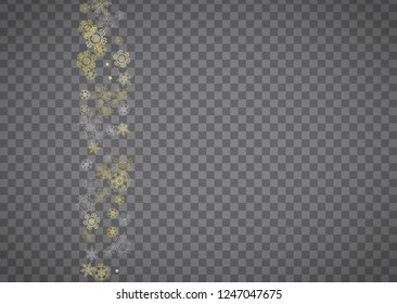Isolated snowflakes on horizontal transparent grey background. Gold glitter snow. Winter sales, Christmas and New Year design for party invitation, banner, sale. Magic crystal isolated snowflakes.